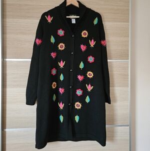 Bob Mackie Wearable Art Vintage Embroidered Long Cardigan Sweater Black Size L
